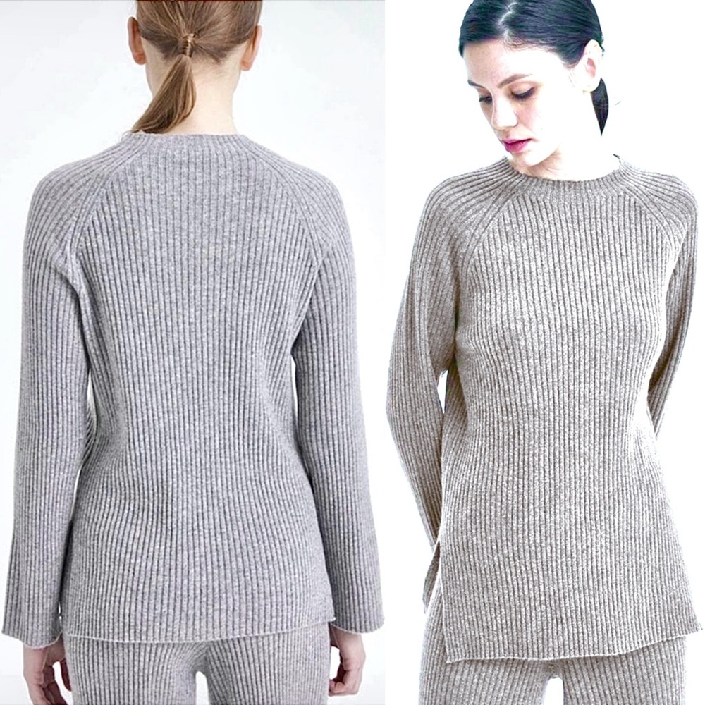 Nap 100% Cashmere Sweater Crew Neck Pullover Tunic Rib Knit Top Heather Grey S